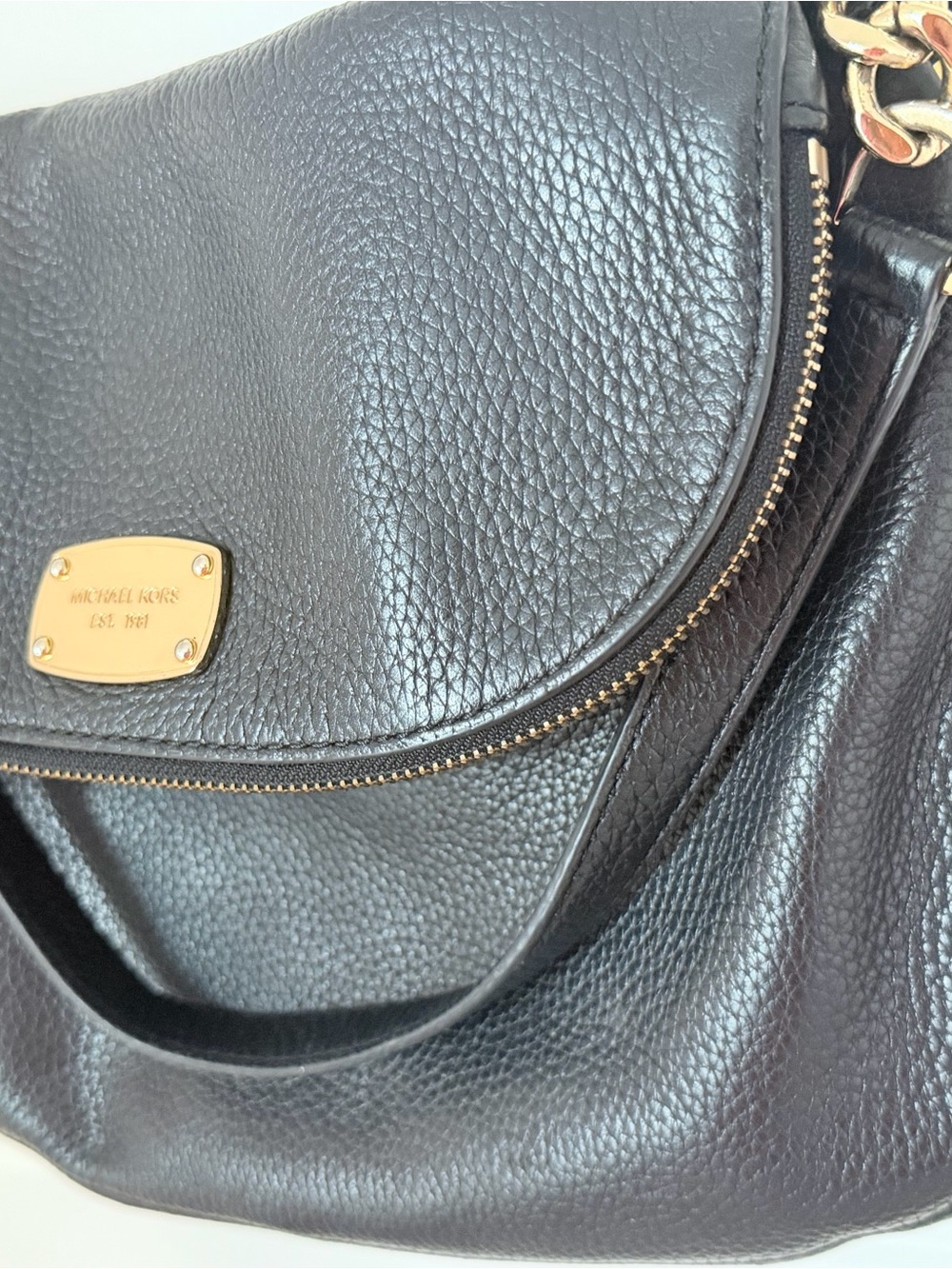 MICHAEL Michael Kors Black Pebbled Leather Shoulder Bag with Gold Hardware